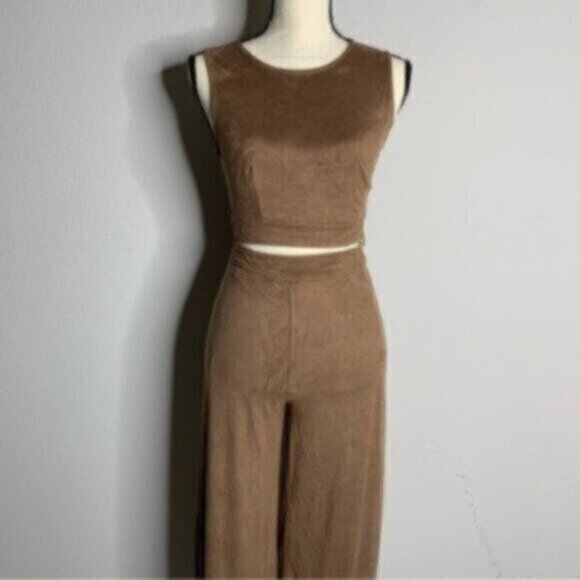 Vintage Mocha Suede Two Piece Pants Set - Crop Top - Picture 2 of 4
